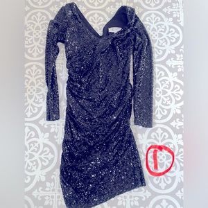 Badgley Mischka black sequined cocktail gown.